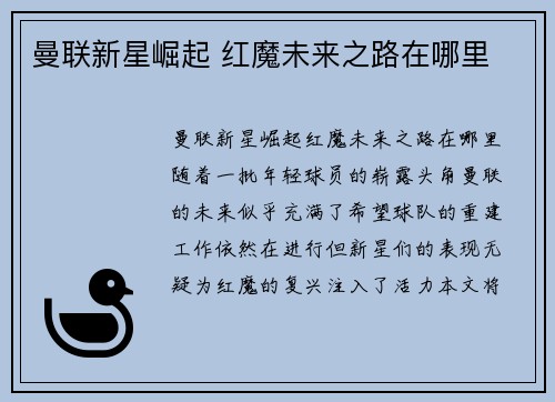 曼联新星崛起 红魔未来之路在哪里
